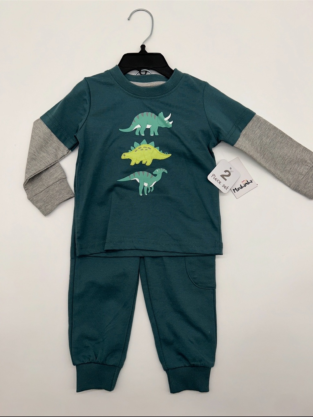 Minibamba Boys 12M Long Sleeve Green Dinosaur Layered-Look Kids Outfit Set
